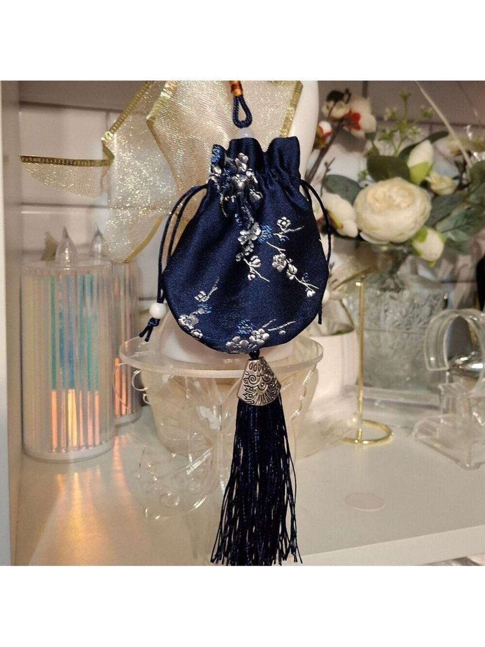Navy Blue Silky Drawstring Pouch with Tassel Set Of 3 New Jewelry Gifts